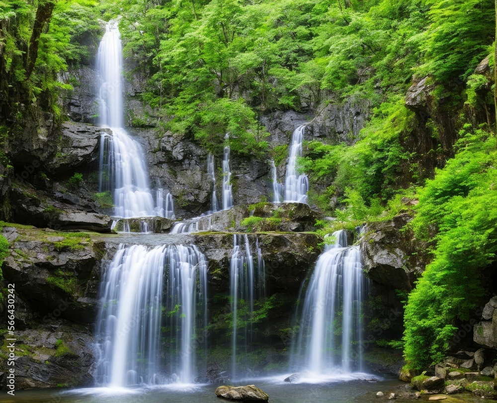 waterfall and forest. nature, travel, hiking concept