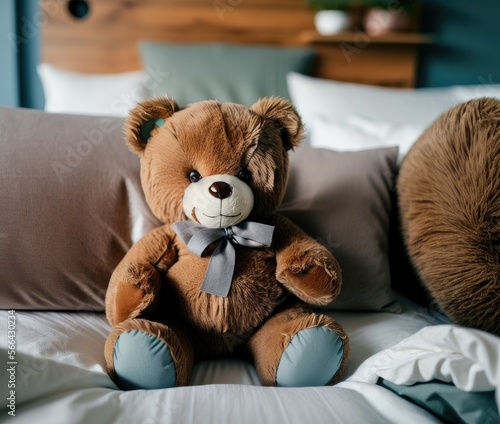 teddy bear with a toy on a bed in the room