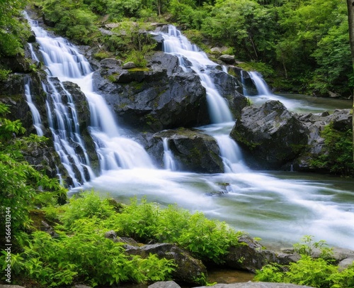 waterfall and forest. nature, travel, hiking concept