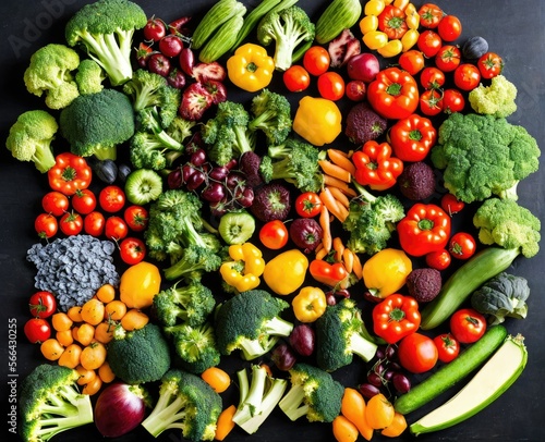 raw vegetables and fruits and fresh ingredients  top view. food background.