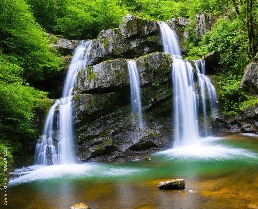 Obraz premium waterfall and forest. nature, travel, hiking concept