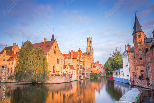 Flemish and ornate architecture of idyllic Bruges with canal, Flanders, Belgium