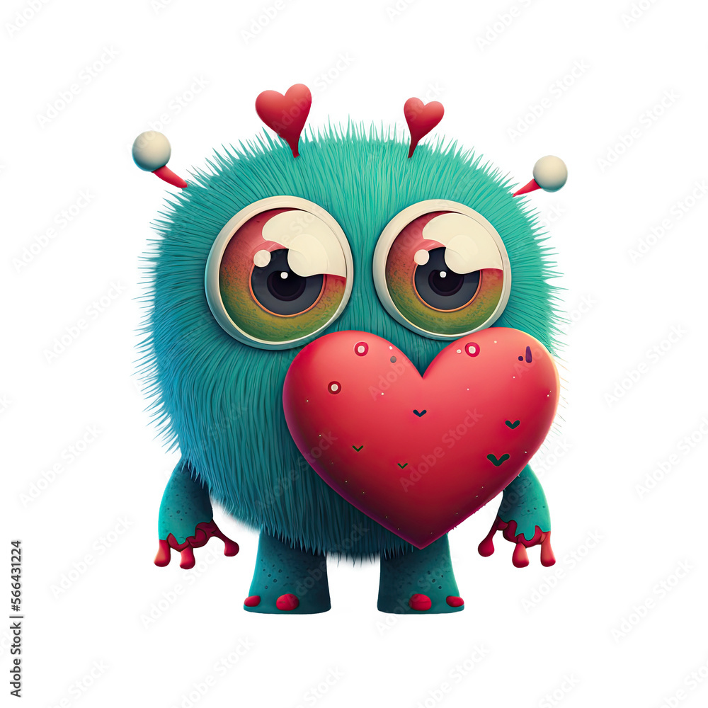 Cute fluffy cartoon monster character with a heart for Valentine Day. Generative AI.