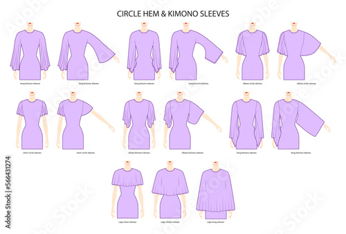 Set of circle hem and kimono sleeves short, elbow, 3-4 and long length clothes technical fashion illustration with fitted body. Flat apparel template front side. Women, men unisex CAD mockup