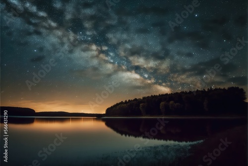 Long exposure stars over ocean lake