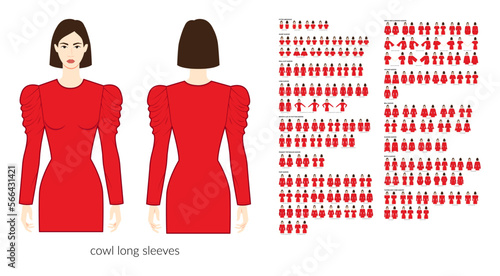 Set of sleeves - long, short puff, circle kimono tucked, cowl bell, peasant ruffel bishop, leg of mutton clothes technical fashion illustration. Flat apparel template front, back sides. Women, men CAD