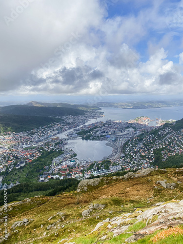 aerial view of a city below with rows of houses and a lake that goes out to the ocean with greenery and clouds in the sky