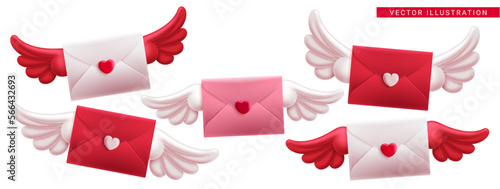 Valentine's love letter vector set design. Valentine's day love letter envelope flying with wings elements. Vector illustration valentine greeting and invitation card elements. 