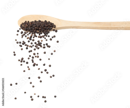 Black Pepper seeds fall down pour on wooden spoon, Black Pepper float explode, abstract cloud fly. Black Peppercorn splash throwing in Air. White background Isolated high speed shutter, freeze motion