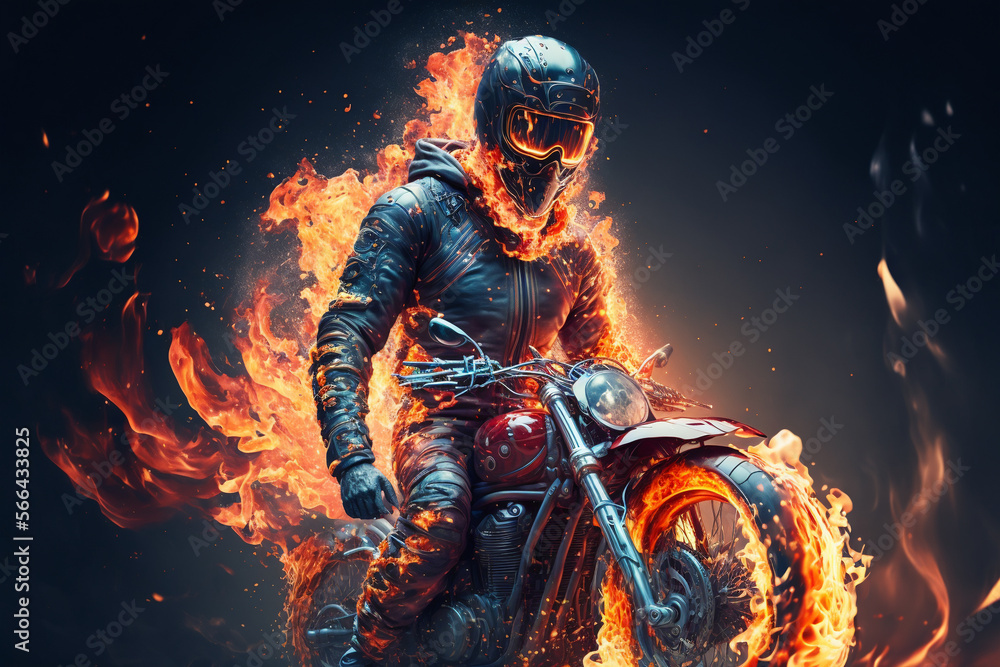 Man riding on the back of a motorcycle on fire - Generative AI Stock ...