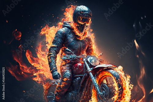 Man riding on the back of a motorcycle on fire - Generative AI