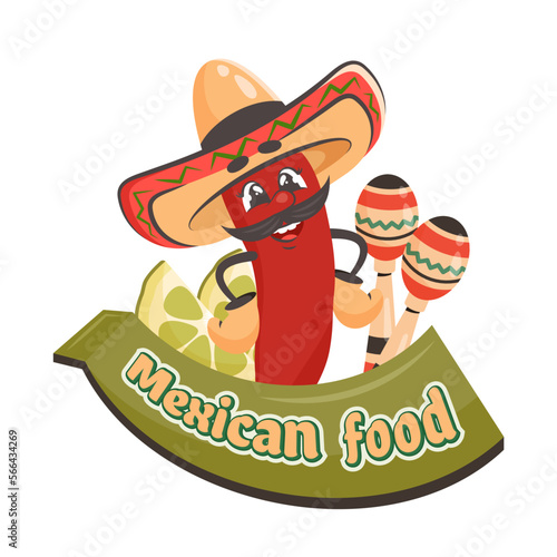 Cartoon character chilli pepper in sombrero hat with lime  maracas. Mexican food text on frame. Doodle drawn vector illustration for dishes  menu  poster  flyer  banner  delivery  cooking concept