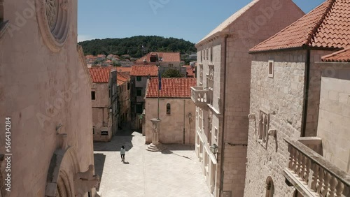 Korcula Old medieval town cathedral aerial shot