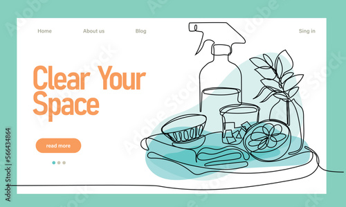 Home cleaning service landing page design concept, illustration of janitors with cleaning tools. Vector illustration