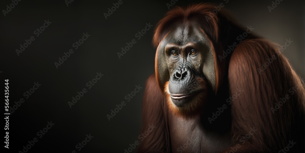 Orangutan Pongo close up of an endangered socially solitary species of the great apes. Image created with generative ai Orangutan Pongo close up of an endangered socially solitary species of the great apes. Image created with generative ai