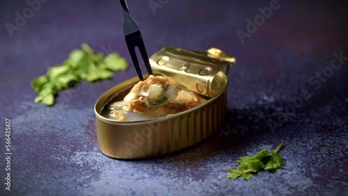 Hand with a fork picking up canned clams on a dark blue table with parsley. Ready to eat.