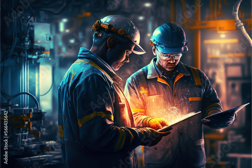 industrial engineers are using a tablet to digitally transform their factory By leveraging latest technology, The digitalization of modern technology can be used to increase productivity generative ai