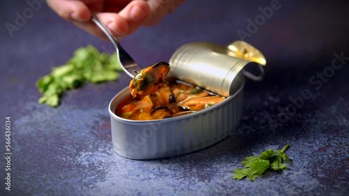 Hand with a fork picking up canned mussels on a dark blue table with parsley. Ready to eat.