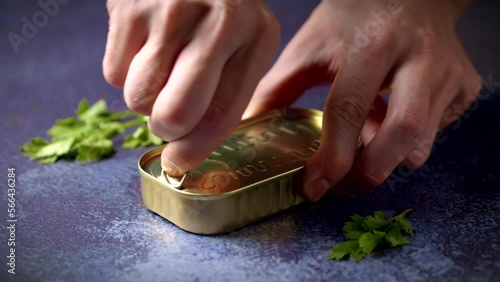 Hands opening a can of sardines on a dark blue table with parsley. Ready to eat.