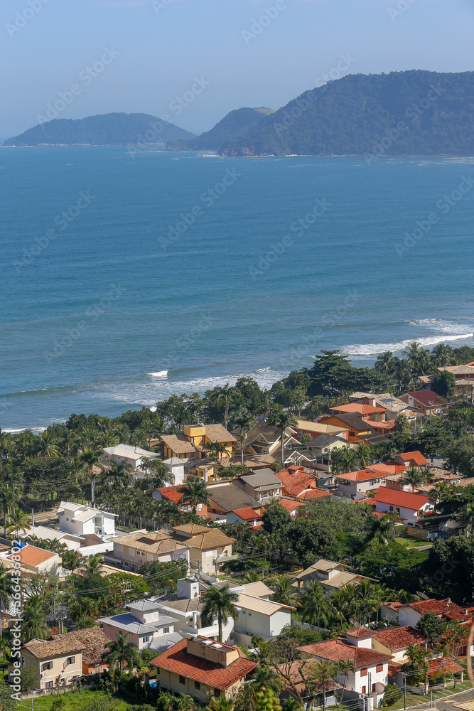 Aerial view of the city of São Sebastião, north coast of the state of São Paulo, bathed by the Atlantic Ocean. Brazil