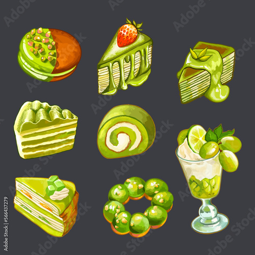 Set of Green Matcha Desserts. Hand Drawn Watercolor Vector Illustration