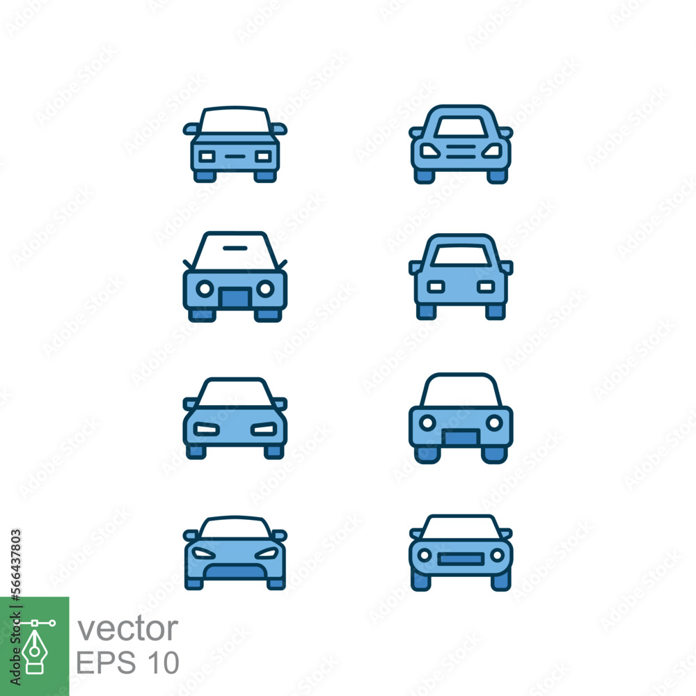 Car front view icon set. Simple filled outline style sign symbol. Auto sport race, transport concept. Vector illustration collection isolated on white background. EPS 10.