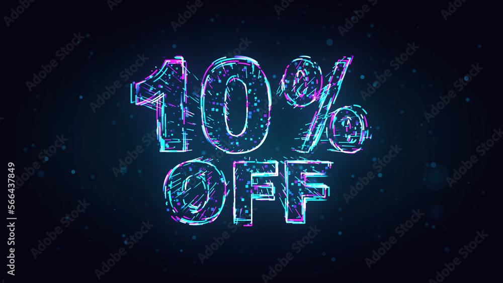 Futuristic Blue Purple Shiny 10 Percent Off Text 3d Lines Effect And Square Dots Particles On Dark Blue Glitter Dust Background