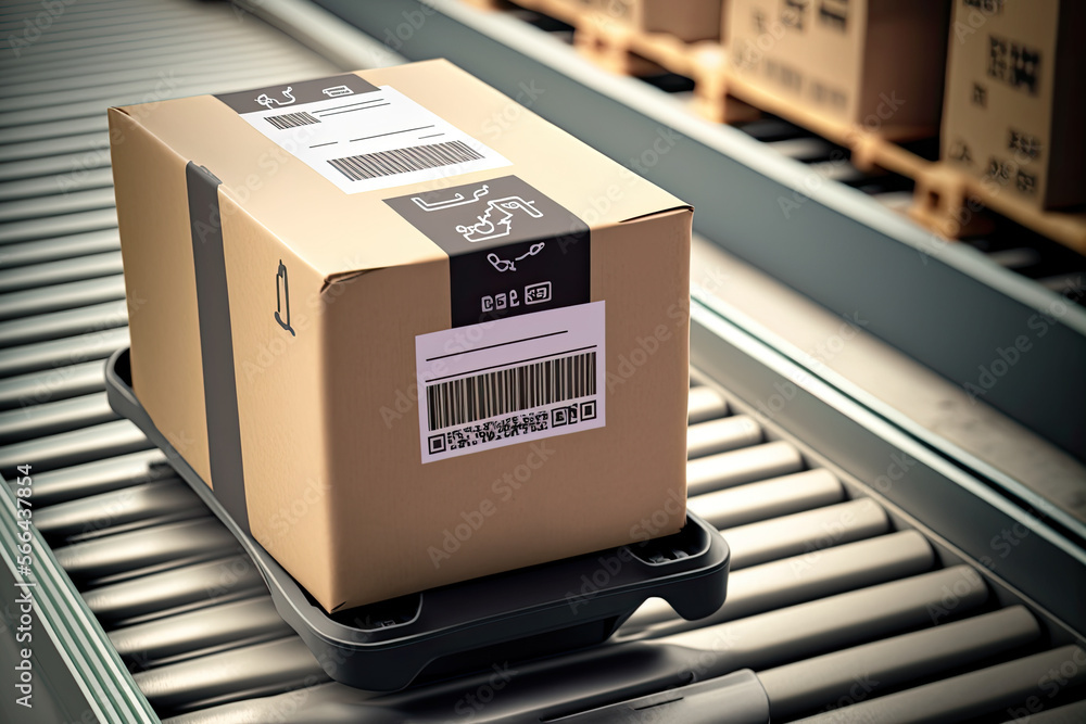 A barcode scanner reading packages on a conveyor belt in a logistics