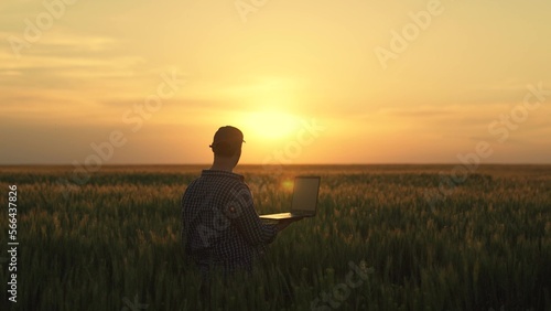 Farmer works in field at sunset with laptop. Agronomist in field. Modern concept of agricultural business. Farmer businessman with computer works in wheat field  analyzes harvest. Farmer growing grain