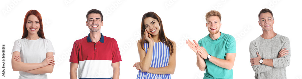 Collage with portraits of happy people on white background Collage with portraits of happy people on white background