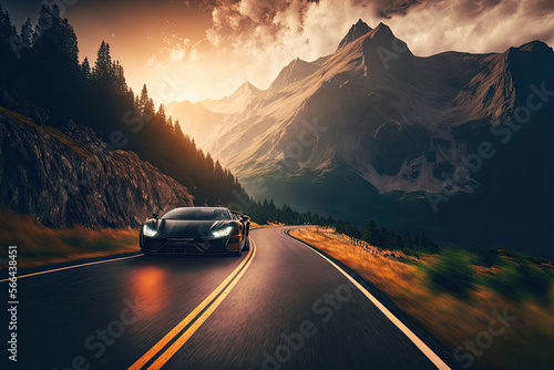 High-end luxury car driving on a scenic mountain road, generative ai