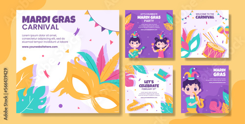 Mardi Gras Carnival Social Media Post Flat Cartoon Hand Drawn Templates Illustration