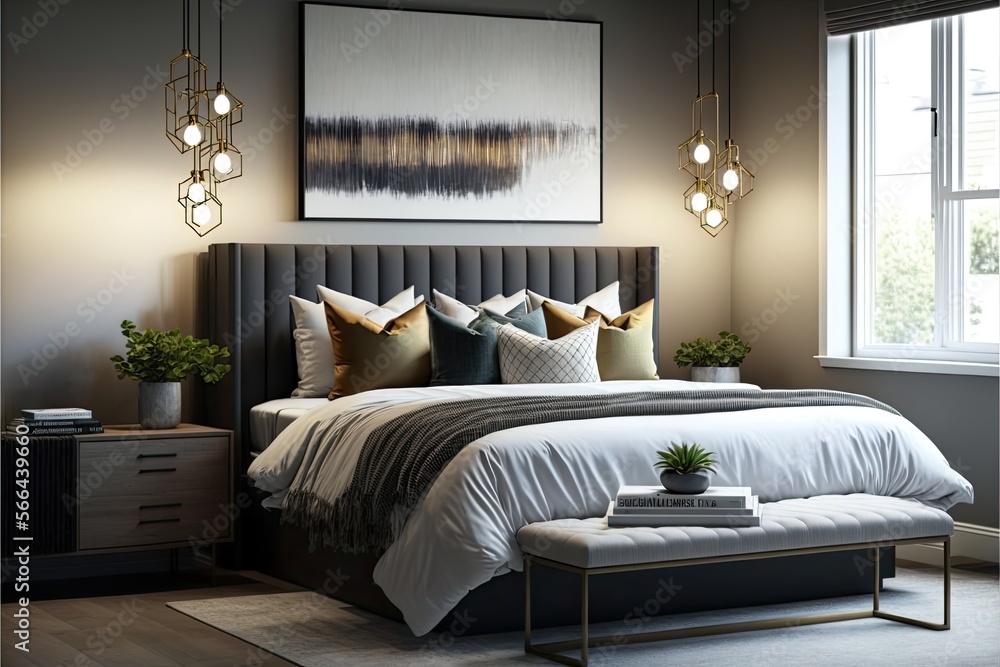 Fototapeta premium Contemporary bedroom with a large platform bed, a variety of accent pillows, and a statement lighting fixture. generative ai
