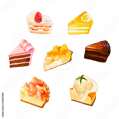 Sweet cakes slices pieces. Hand drawn watercolor vector illustration