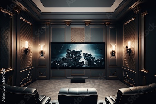Luxury home theater with a large projection screen, a variety of reclining chairs, and a modern sound system. Generative AI