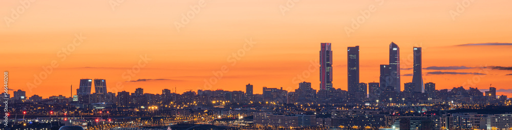 Madrid skyline sunset with the towers of the financial area in the background