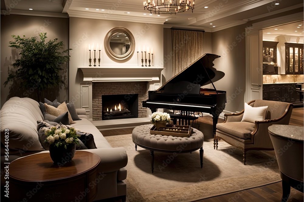 Warm and inviting family room with a glowing fireplace and grand piano ...
