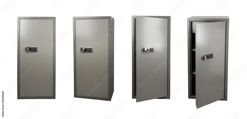 Grey steel safe on white background, view from different sides Grey steel safe on white background, view from different sides