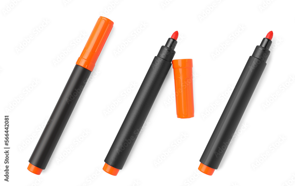 Set of bright orange markers on white background, top view. School stationery