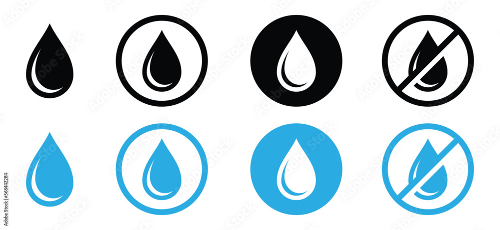 Water drops icon set. No water sign. Water droplets icon collection in the circle. Raindrops sign in flat style. Blue water or oil drop symbol for apps and websites, vector illustration Water drops icon set. No water sign. Water droplets icon collection in the circle. Raindrops sign in flat style. Blue water or oil drop symbol for apps and websites, vector illustration