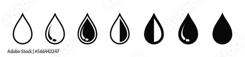 Water drops icon set. Water droplets icon collection. Raindrops sign in outline and flat style. Water or oil drop symbol for apps and websites, vector illustration