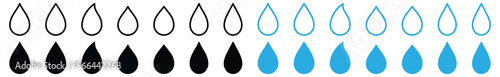 Water drops icon set. Water droplets icon collection. Raindrops sign in outline and flat style. Blue water or oil drop symbol for apps and websites, vector illustration