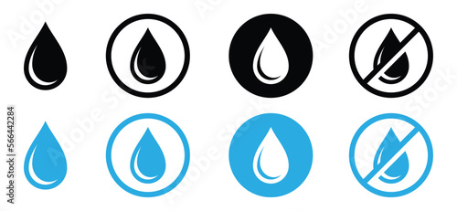 Water drops icon set. No water sign. Water droplets icon collection in the circle. Raindrops sign in flat style. Blue water or oil drop symbol for apps and websites, vector illustration