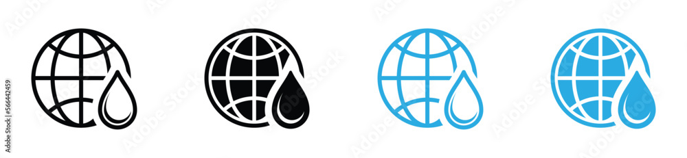 World and water drops icons set. Globe and water droplets or raindrops symbol in outline and flat style, vector illustration World and water drops icons set. Globe and water droplets or raindrops symbol in outline and flat style, vector illustration
