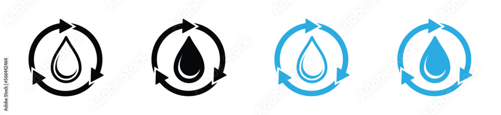 Water recycling icon set. Liquid or oil recycle icon. Water filtration icon. Water drops and circle arrow symbol for apps and websites. Water cycle sign, vector illustration Water recycling icon set. Liquid or oil recycle icon. Water filtration icon. Water drops and circle arrow symbol for apps and websites. Water cycle sign, vector illustration