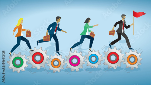 Business people or students running on gear wheels. Diversity, multi ethnic group. Dimension 16:9.