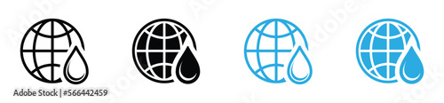 World and water drops icons set. Globe and water droplets or raindrops symbol in outline and flat style, vector illustration