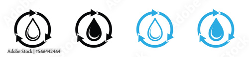 Water recycling icon set. Liquid or oil recycle icon. Water filtration icon. Water drops and circle arrow symbol for apps and websites. Water cycle sign, vector illustration