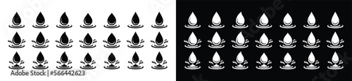 Water drop and splash icon set. Splashing water droplets icon collection. Blue water or oil drops symbol for apps and websites, vector illustration