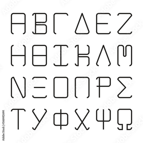 Greek alphabet letters, monospace font set, rectangular letters with round corners, line typeset, black isolated on white background, vector illustration.